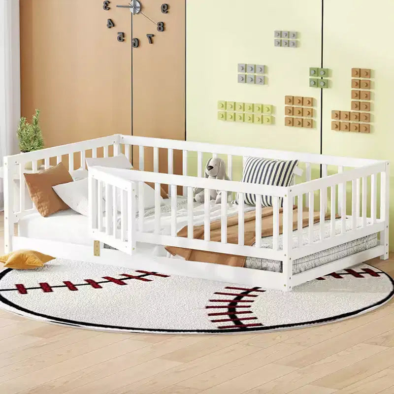 TUYOHW Montessori Floor Bed with Slat Support for Kids,Solid Pine Wood Bed Frame,Slatted Low Profile Bed with Doors,300lbs Capacity