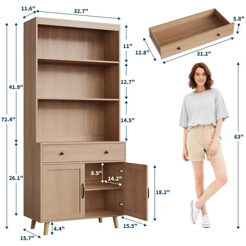 Tall 6-Tier Bookshelf & Bookcase with Doors & Drawer, Storage Cabinet with Open Shelves, 72.4 Freestanding Wood Bookshelf for Living Room, Bedroom