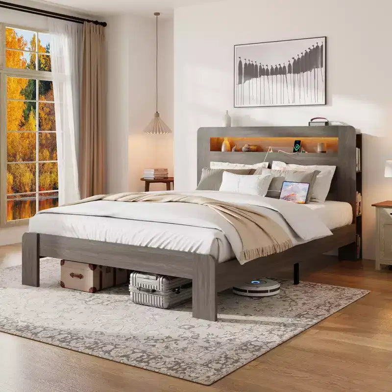 GDFStudio Lyvi Modern Wooden Platform Bed with Storage Headboard and LED Light