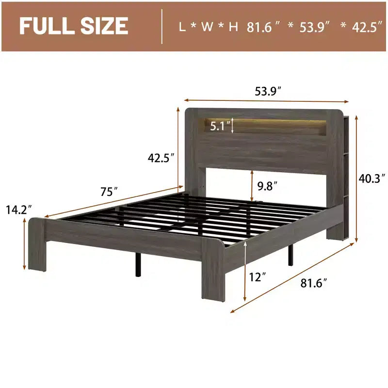 GDFStudio Lyvi Modern Wooden Platform Bed with Storage Headboard and LED Light