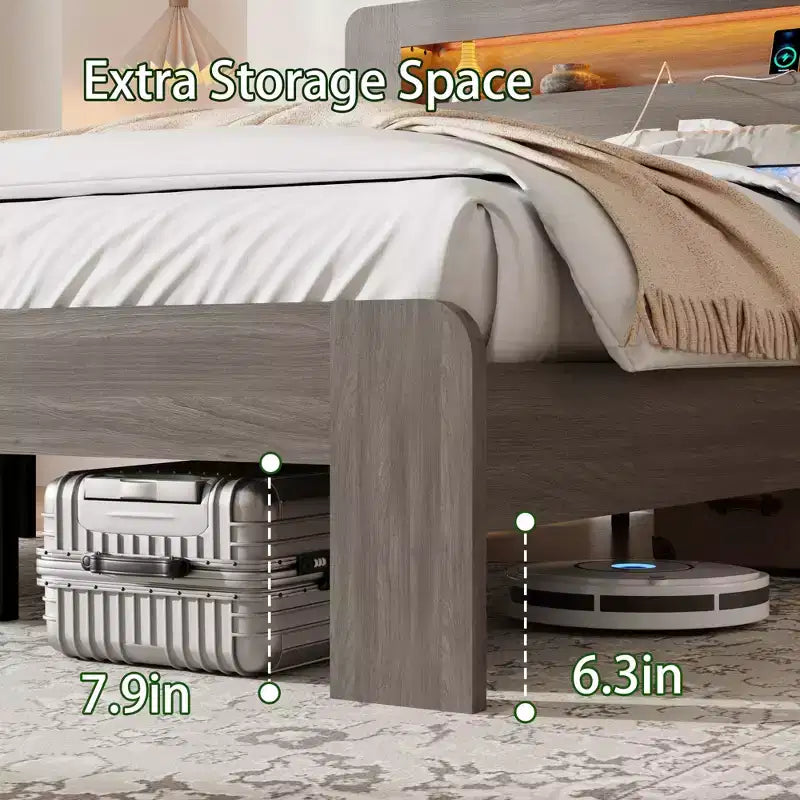 GDFStudio Lyvi Modern Wooden Platform Bed with Storage Headboard and LED Light