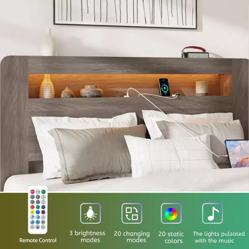GDFStudio Lyvi Modern Wooden Platform Bed with Storage Headboard and LED Light
