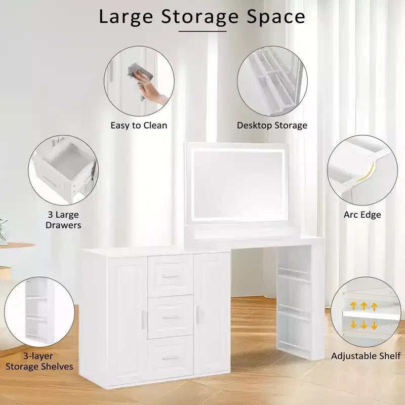 The dressing table includes a mirror with a light, 3 drawers, 2 cabinets, and storage shelves. A stool is not included White