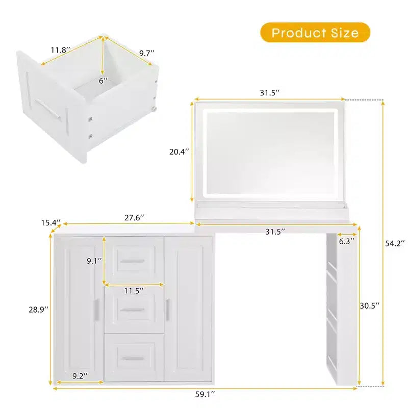 The dressing table includes a mirror with a light, 3 drawers, 2 cabinets, and storage shelves. A stool is not included White