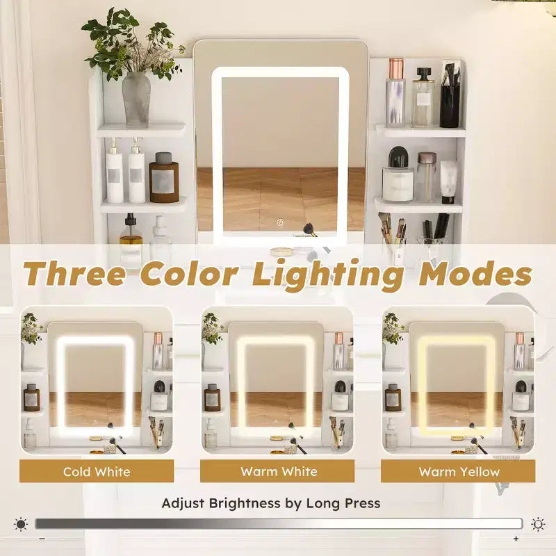 LED mirrored vanity table suitable with integrated lighting 3-color adjustable light strip, 2 large drawers, hair dryer holder White