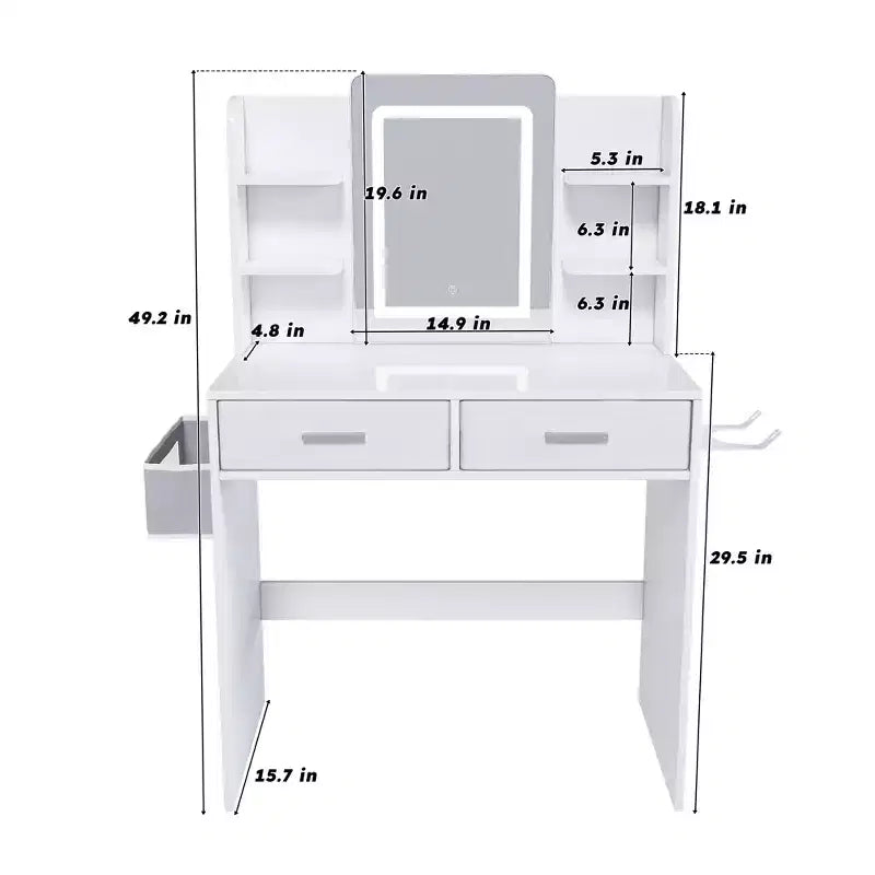 LED mirrored vanity table suitable with integrated lighting 3-color adjustable light strip, 2 large drawers, hair dryer holder White