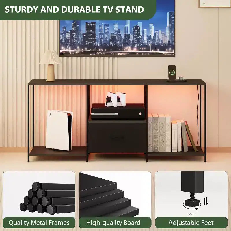 1 Metal Fabric Drawer TV Stand 55 in - Modern Entertainment Center, Versatile Storage Solutions, LED Light Feature, Compact and Practical