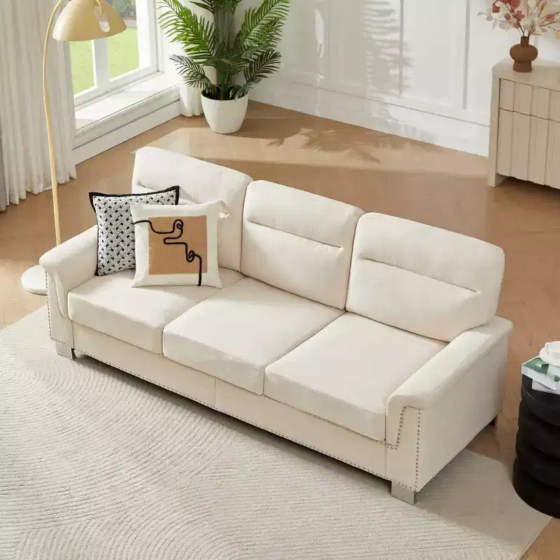 GDFStudio Prylo 82 Modern 3-Seater Iron and Wood Snow-Velvet Upholstered Sofa with Nailhead Trim