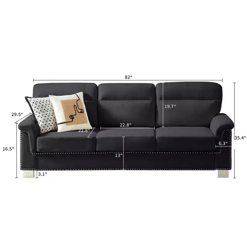 GDFStudio Prylo 82 Modern 3-Seater Iron and Wood Snow-Velvet Upholstered Sofa with Nailhead Trim