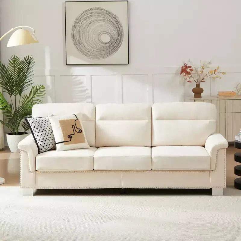 GDFStudio Prylo 82 Modern 3-Seater Iron and Wood Snow-Velvet Upholstered Sofa with Nailhead Trim