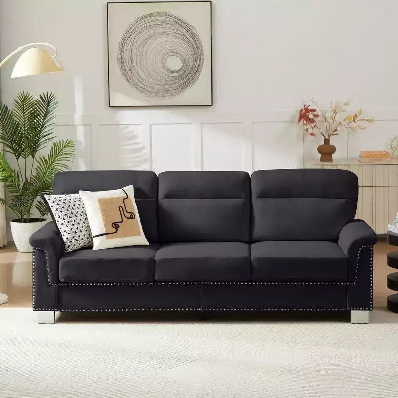 GDFStudio Prylo 82 Modern 3-Seater Iron and Wood Snow-Velvet Upholstered Sofa with Nailhead Trim