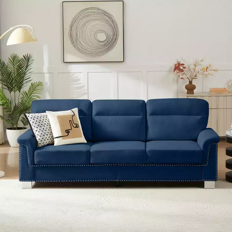 GDFStudio Prylo 82 Modern 3-Seater Iron and Wood Snow-Velvet Upholstered Sofa with Nailhead Trim
