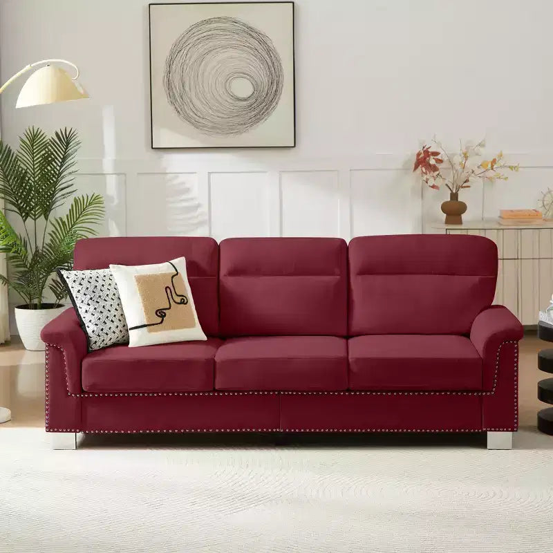 GDFStudio Prylo 82 Modern 3-Seater Iron and Wood Snow-Velvet Upholstered Sofa with Nailhead Trim