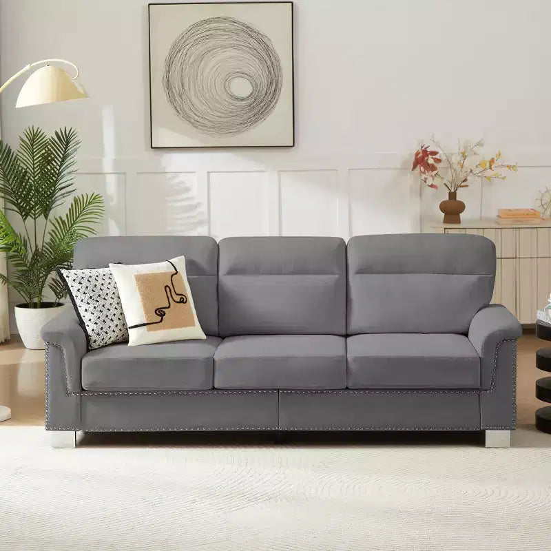 GDFStudio Prylo 82 Modern 3-Seater Iron and Wood Snow-Velvet Upholstered Sofa with Nailhead Trim