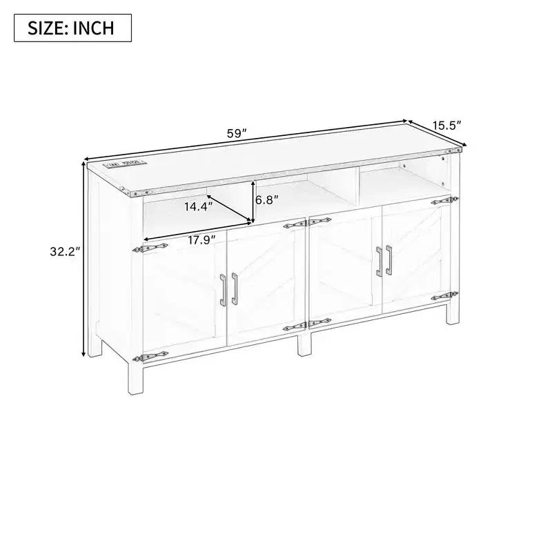 Merax 4-Door Modern Farmhouse Sideboard Buffet with USB Charging Ports & Adjustable Shelves