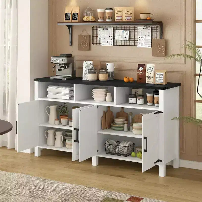 Merax 4-Door Modern Farmhouse Sideboard Buffet with USB Charging Ports & Adjustable Shelves