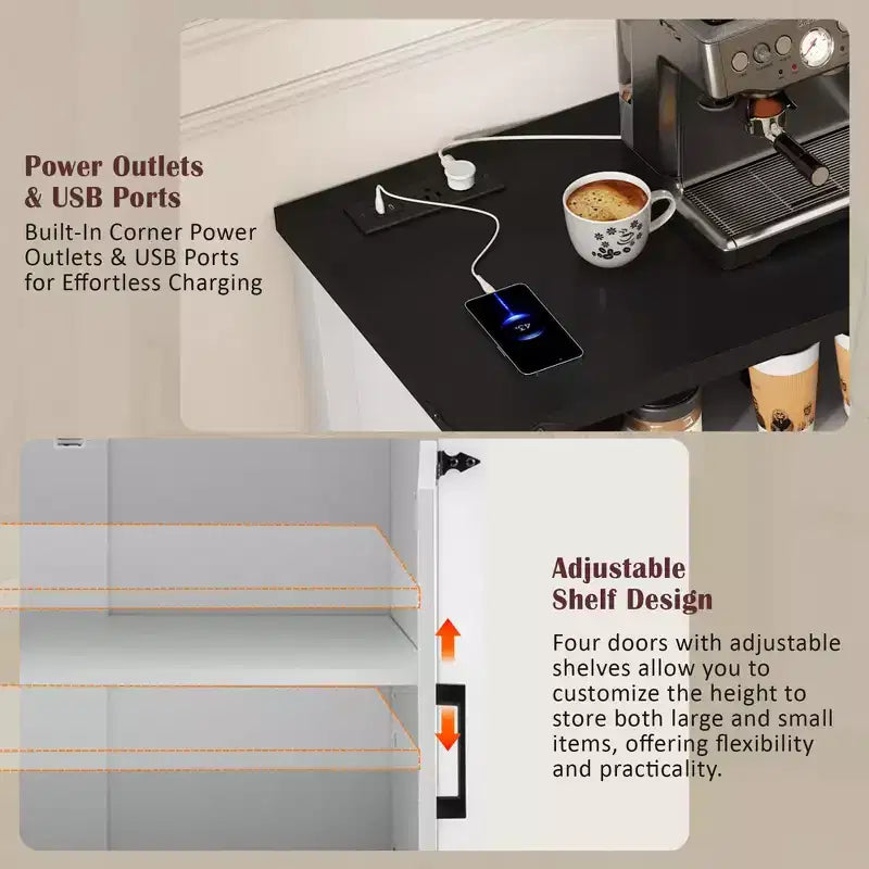 Merax 4-Door Modern Farmhouse Sideboard Buffet with USB Charging Ports & Adjustable Shelves