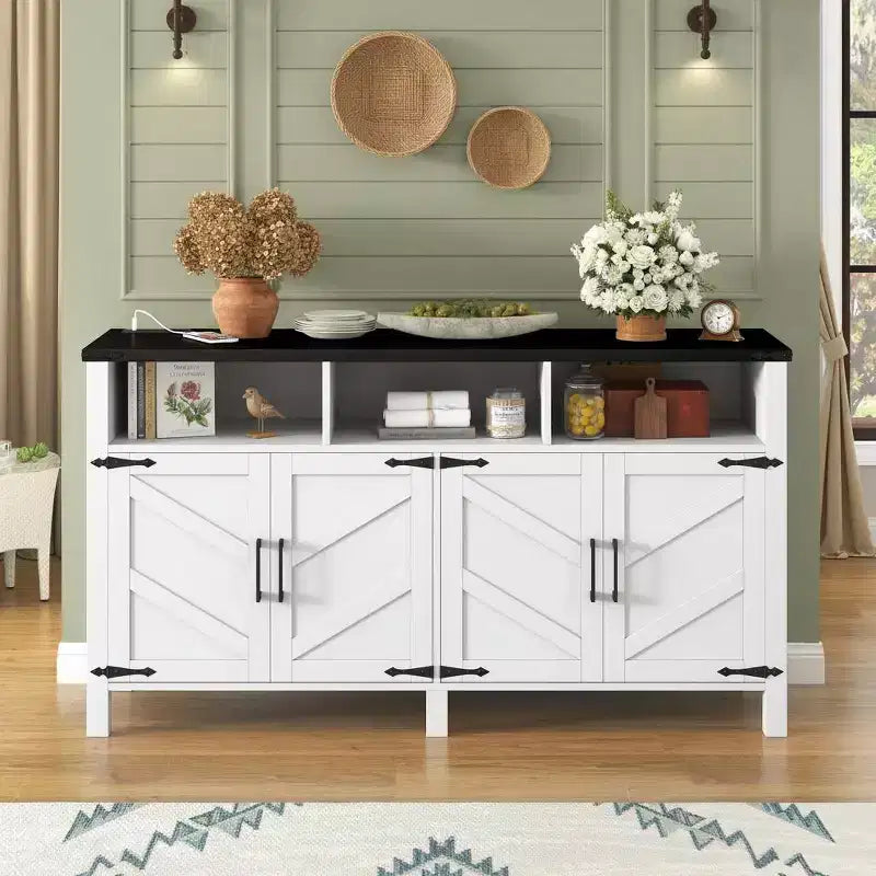 Merax 4-Door Modern Farmhouse Sideboard Buffet with USB Charging Ports & Adjustable Shelves