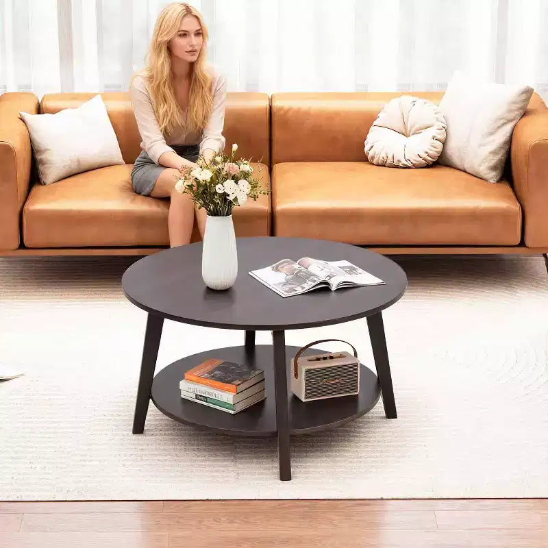 FDW Round Coffee Table with Storage 2-Tier Modern Wood Center Table for Living Room Bedroom or Office