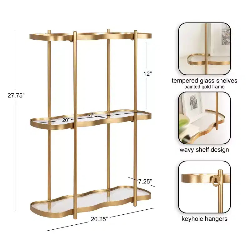 Kate and Laurel Curventi Tiered Wall Shelf Glass and Metal, Gold, 21x8x28