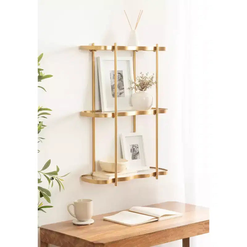 Kate and Laurel Curventi Tiered Wall Shelf Glass and Metal, Gold, 21x8x28