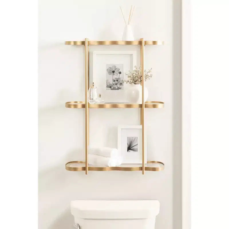Kate and Laurel Curventi Tiered Wall Shelf Glass and Metal, Gold, 21x8x28
