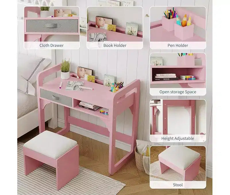 Wooden Study Desk & Chair Set, Writing Table with Spacious Cloth Drawers & Built - in Pen Holder for Organized Learning