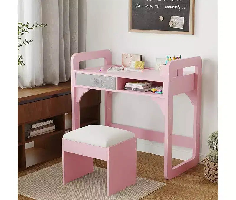 Wooden Study Desk & Chair Set, Writing Table with Spacious Cloth Drawers & Built - in Pen Holder for Organized Learning