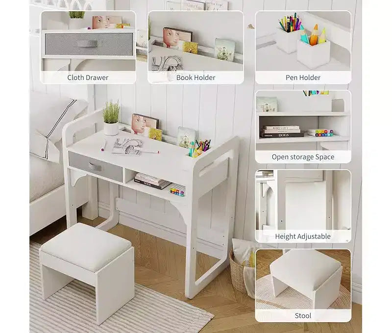 Wooden Study Desk & Chair Set, Writing Table with Spacious Cloth Drawers & Built - in Pen Holder for Organized Learning