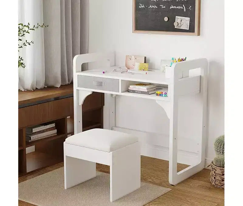 Wooden Study Desk & Chair Set, Writing Table with Spacious Cloth Drawers & Built - in Pen Holder for Organized Learning