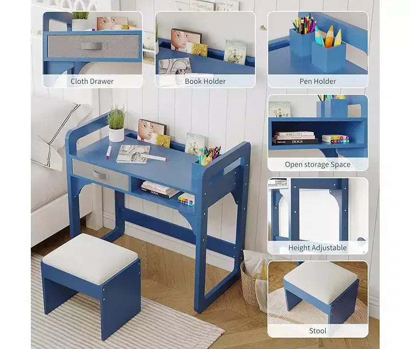Wooden Study Desk & Chair Set, Writing Table with Spacious Cloth Drawers & Built - in Pen Holder for Organized Learning