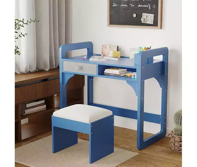 Wooden Study Desk & Chair Set, Writing Table with Spacious Cloth Drawers & Built - in Pen Holder for Organized Learning
