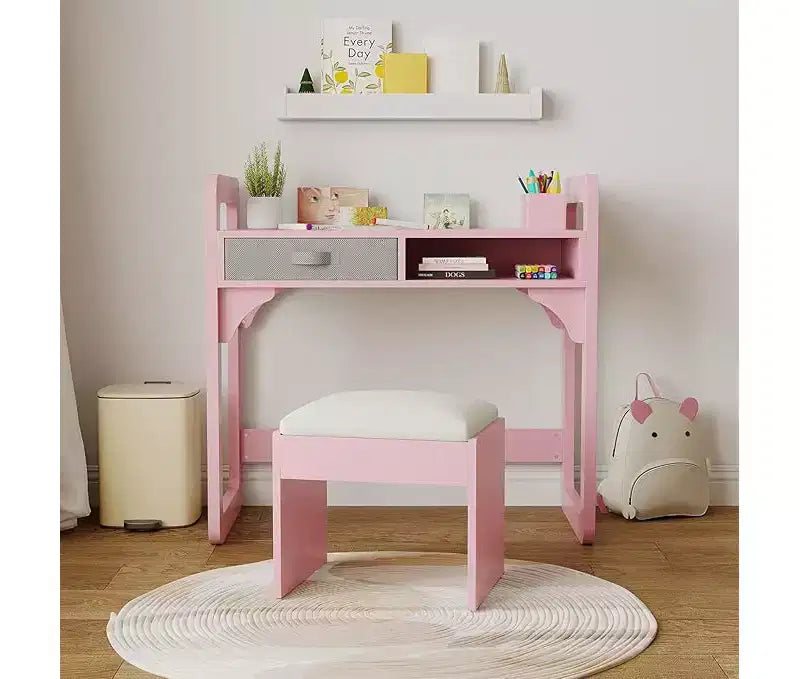 Wooden Study Desk & Chair Set, Writing Table with Spacious Cloth Drawers & Built - in Pen Holder for Organized Learning