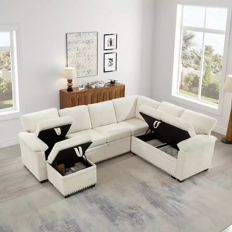 GDFStudio Hysa Modern 97'' L Shaped Chenille Upholstered 7-Seater Sectional Storage Sofa with 1 Ottoman and 2 Pillows
