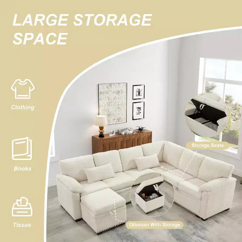 GDFStudio Hysa Modern 97'' L Shaped Chenille Upholstered 7-Seater Sectional Storage Sofa with 1 Ottoman and 2 Pillows