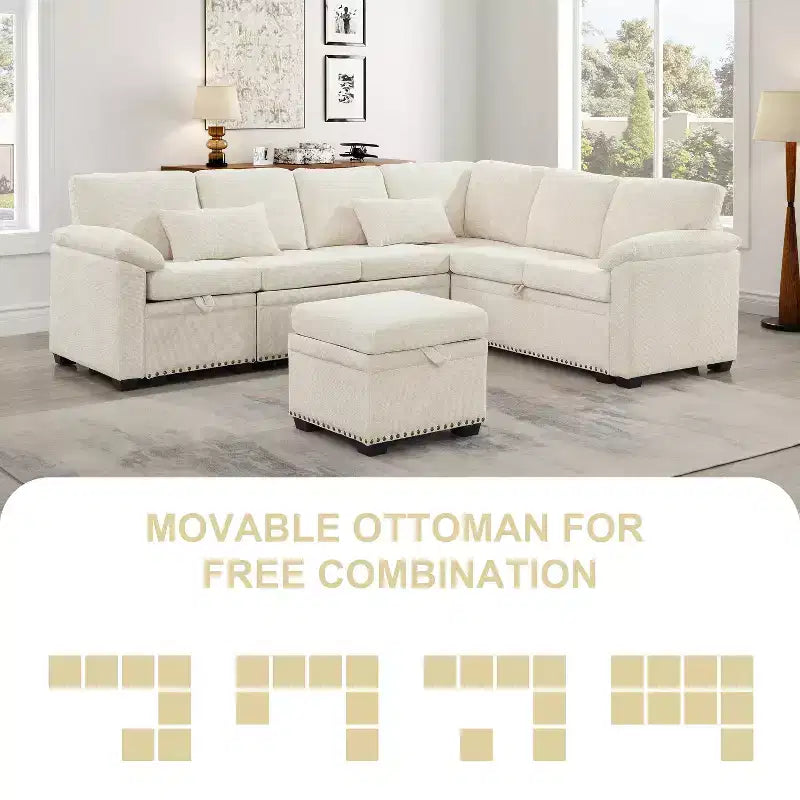 GDFStudio Hysa Modern 97'' L Shaped Chenille Upholstered 7-Seater Sectional Storage Sofa with 1 Ottoman and 2 Pillows