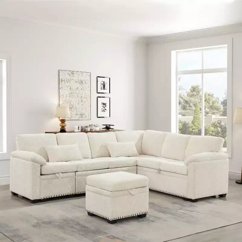 GDFStudio Hysa Modern 97'' L Shaped Chenille Upholstered 7-Seater Sectional Storage Sofa with 1 Ottoman and 2 Pillows