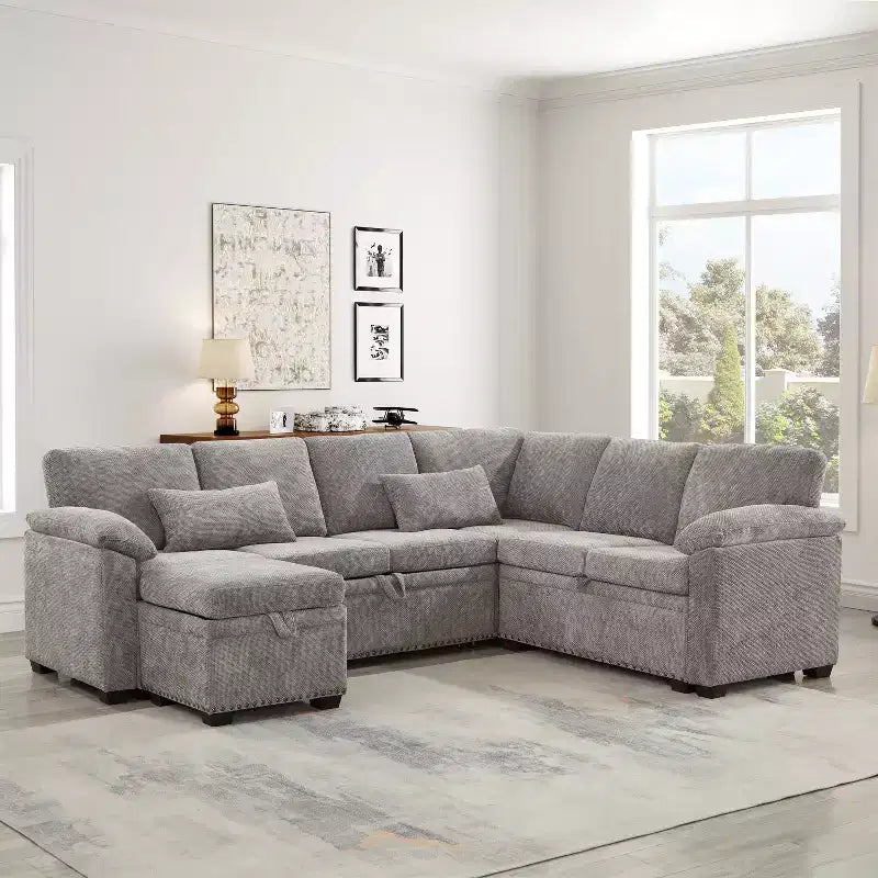 GDFStudio Hysa Modern 97'' L Shaped Chenille Upholstered 7-Seater Sectional Storage Sofa with 1 Ottoman and 2 Pillows