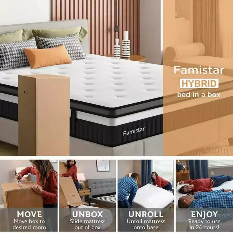 Queen Mattress in a Box - 14 inch Queen Size Mattress Gel-Infused Memory Foam & Pocket Coils, Medium-Firm, Cooling, CertiPUR-US Certified