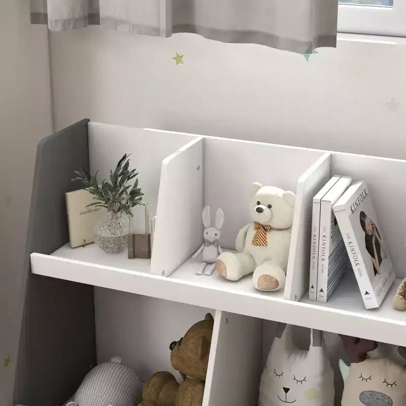 Kids Bookcase Toy Shelf, 2 Tier Toddlers Toy Storage Shelf with 5 Compartments, Anti-tip Device, Pine Wood Legs for Nursery, Playroom, Classroom, Gray
