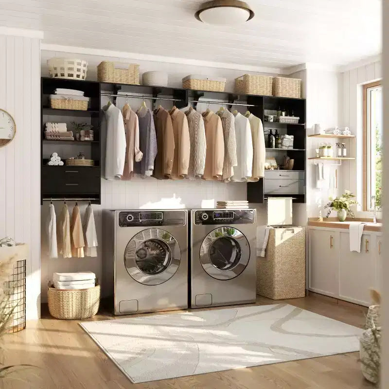 Besiost Closet Organizer System with Wood Drawers, Wall-mounted Laundry Room Storage Shelving