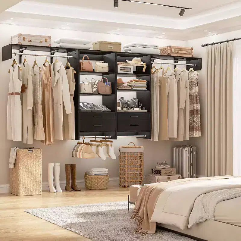 Besiost Closet Organizer System with Wood Drawers, Wall-mounted Laundry Room Storage Shelving