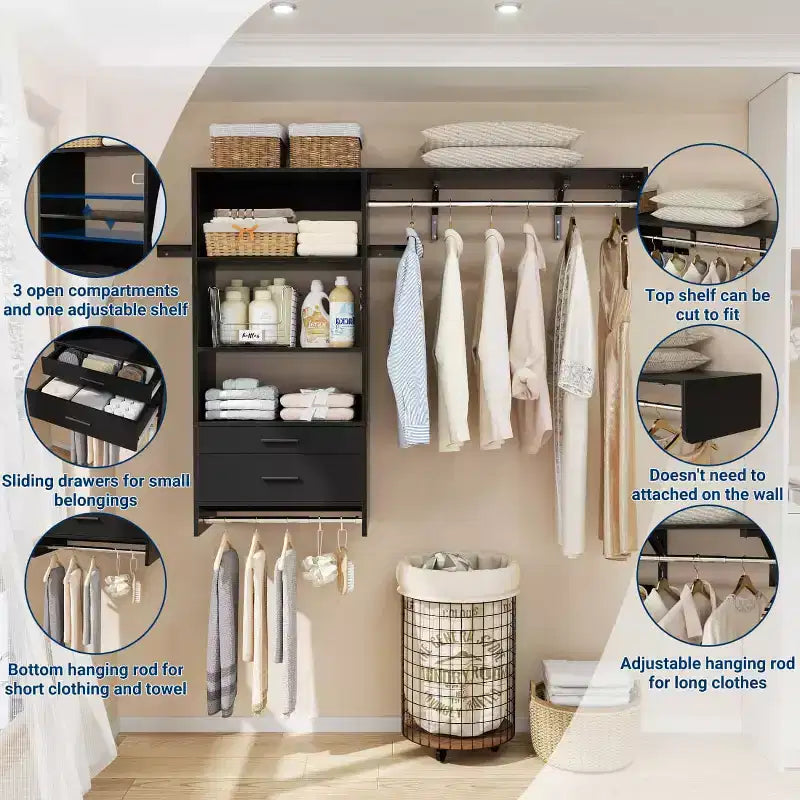 Besiost Closet Organizer System with Wood Drawers, Wall-mounted Laundry Room Storage Shelving