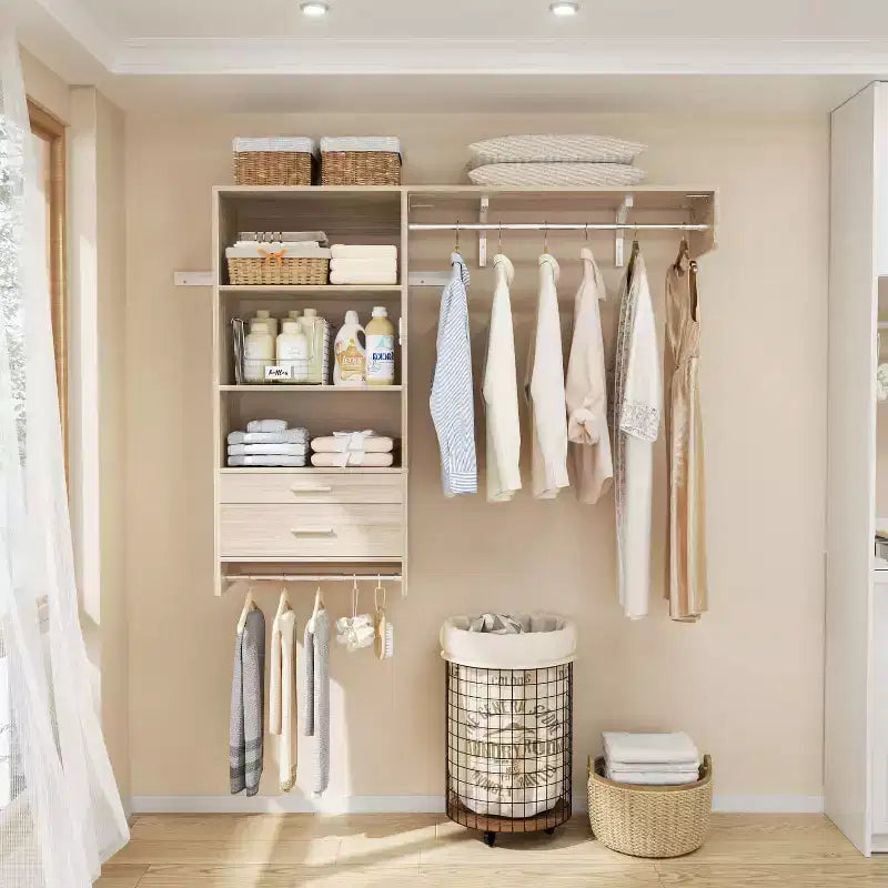Besiost Closet Organizer System with Wood Drawers, Wall-mounted Laundry Room Storage Shelving