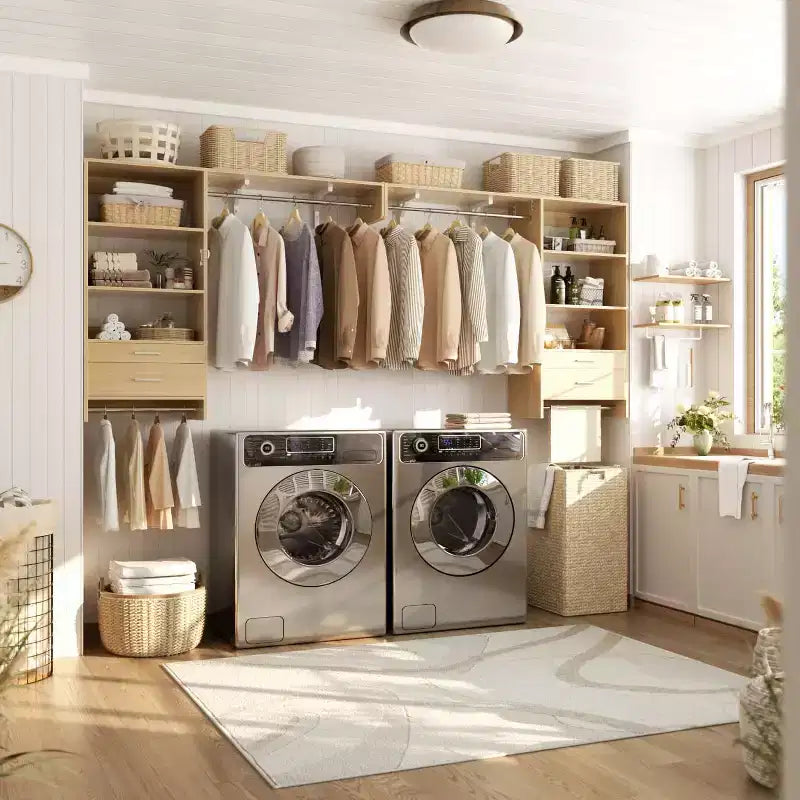 Besiost Closet Organizer System with Wood Drawers, Wall-mounted Laundry Room Storage Shelving