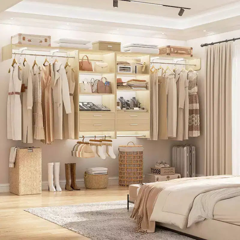 Besiost Closet Organizer System with Wood Drawers, Wall-mounted Laundry Room Storage Shelving