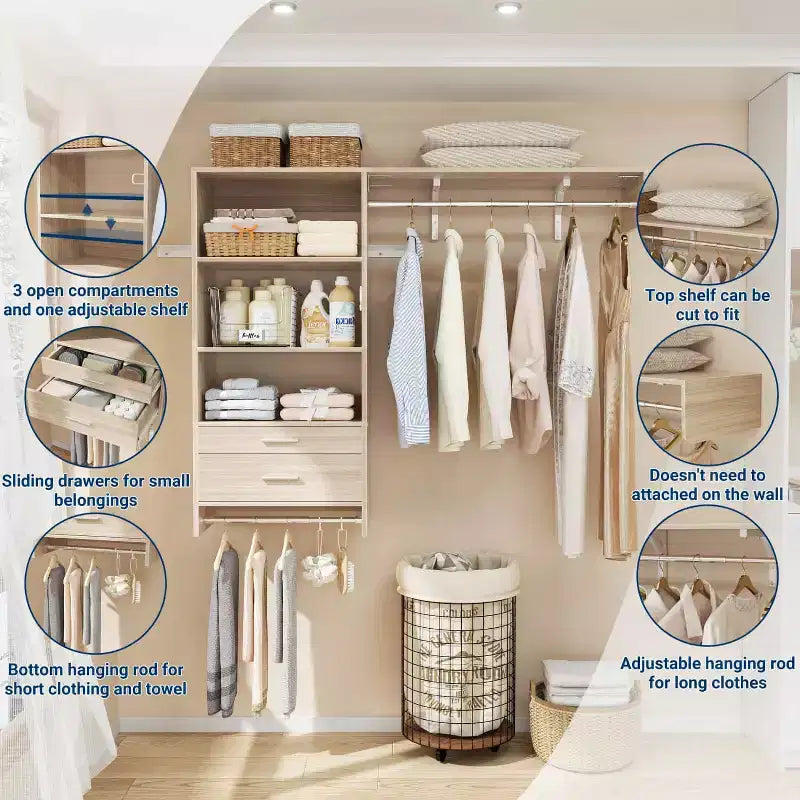 Besiost Closet Organizer System with Wood Drawers, Wall-mounted Laundry Room Storage Shelving