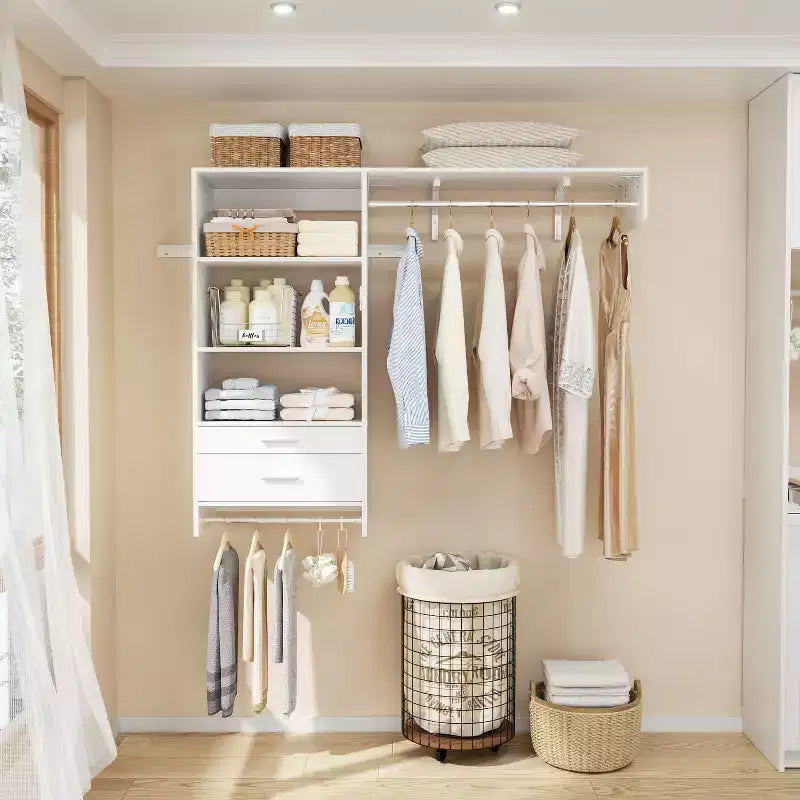 Besiost Closet Organizer System with Wood Drawers, Wall-mounted Laundry Room Storage Shelving