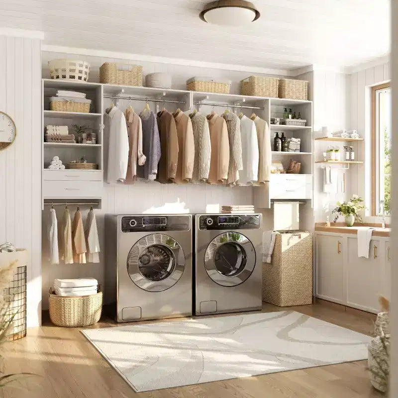 Besiost Closet Organizer System with Wood Drawers, Wall-mounted Laundry Room Storage Shelving