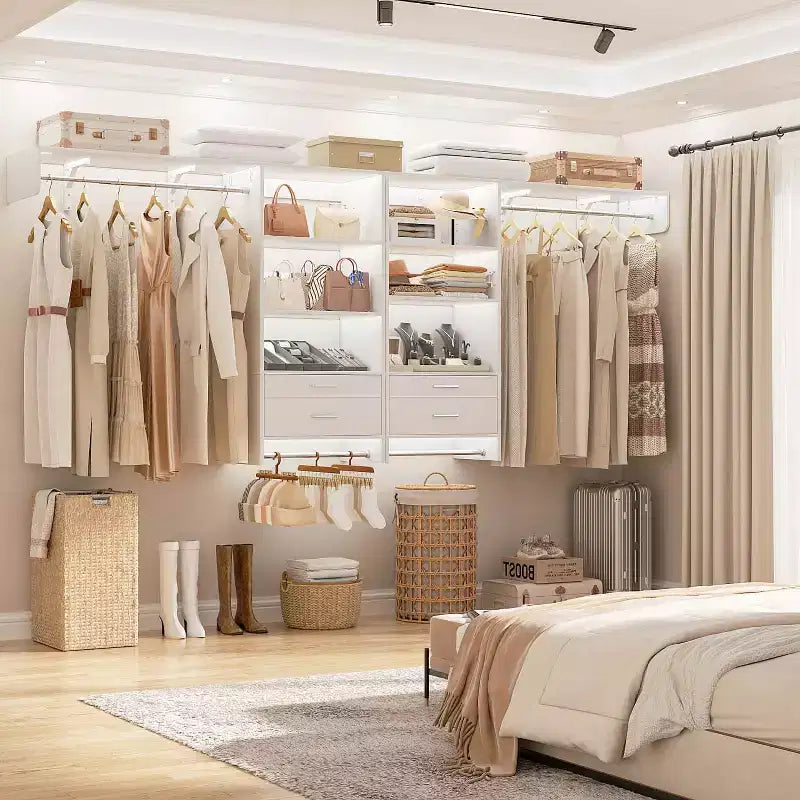 Besiost Closet Organizer System with Wood Drawers, Wall-mounted Laundry Room Storage Shelving